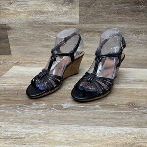 Clarks Black Leather Cork Wedge Heel Sandals Women's Size 7.5